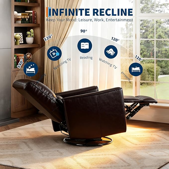 GarveeHome Recliner Chair, 360° Swivel Rocker Glider Nursery Chair with Padded Armrest and Deep Seat, PU Leather Upholstered Reclining Sofa Chair for Living Room, Bedroom and Nursery (Dark Brown)