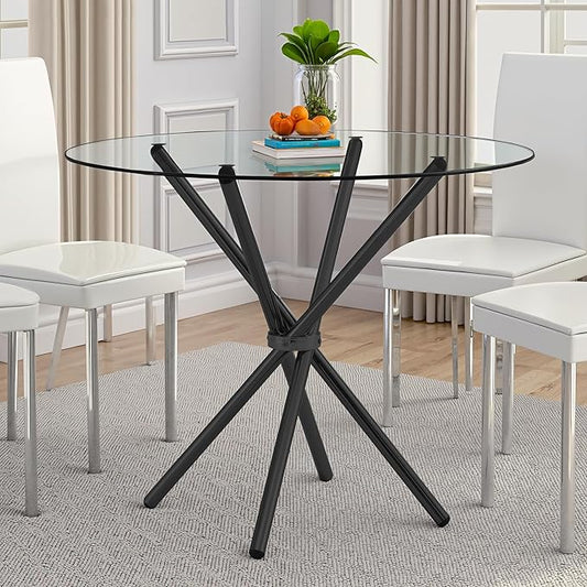 Kitchen Table for 2 Modern 36.6" Round Glass Table Small Tables with Trestle Metal Leg for Living Room and Apartment, Black