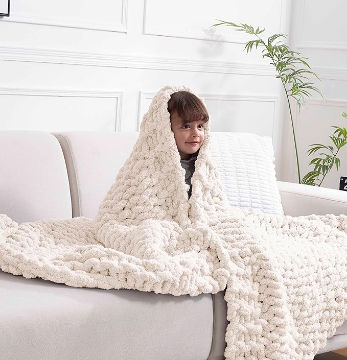 clootess Chunky Knit Blanket Knitted Throw Crochet Chenille Yarn Woven for Bed Sofa Textured Thick Cable Decor (Beige 40x60 in)