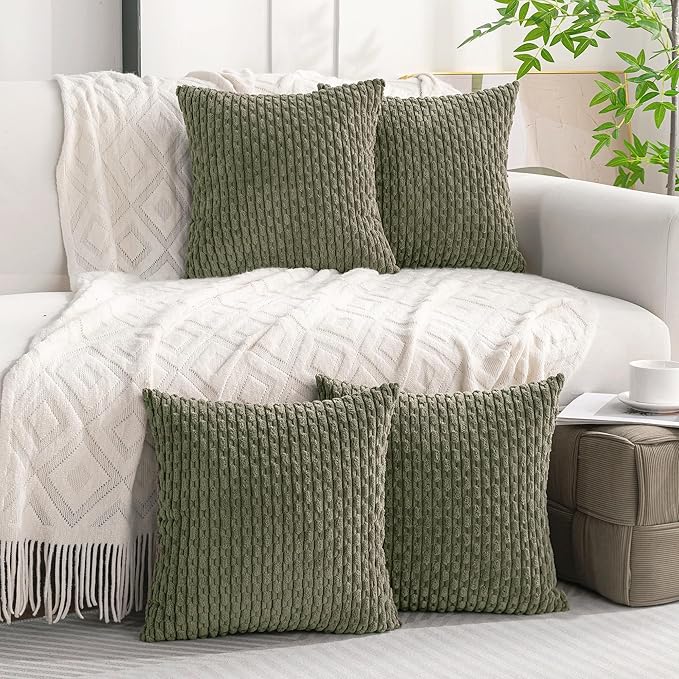 Set of 4 Olive Green Decorative Throw Pillow Covers 22x22 Inch Corduroy Pillow Covers for Bed Couch Sofa Living Room Soft Square Cushion Cases