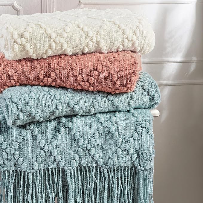 BOURINA Coral Pink Throw Blanket 50 x70 Inches Jacquard Argyle Throw Textured Solid Soft Throws and Blankets for Sofa or Bed Knitted Decorative Blanket