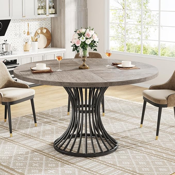 Tribesigns Round Dining Table, 47-Inch Farmhouse Dinning Room Table, Industrial Dinner Table with Metal Base, Grey