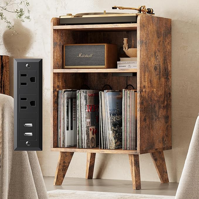 Record Player Stand, Turntable Stand with Record Storage and Charging Station & USB Ports, Record Player Table with Metal Divider, Record Stand Up to 160 Albums for Living Room, Bedroom Brown