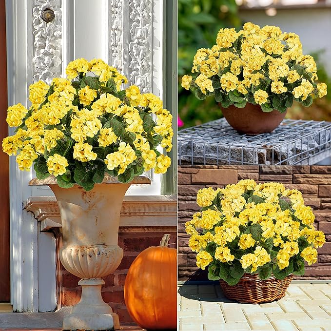 Plastic Flowers for Outdoors Home Decor Fake Plants Artificial Flowers Artificial Geraniums Outdoor Fake Flowers Silk Bouquet, Fall Decor for Interior Porch Garden Decor14.4(Yellow) 8PCS