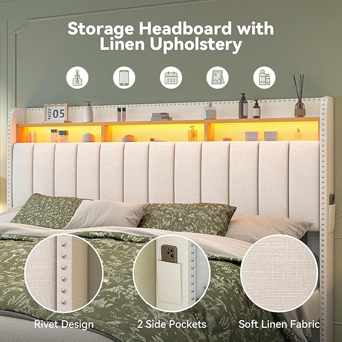 Torana Full LED Bed Frame with 2 Drawers, Linen Upholstered Storage Wingback Headboard Beds, Channel Tufted Platform Bedframe with Rivet Decor, No Box Spring Needed, Natural