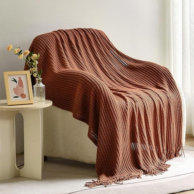 Blagic Knitted Throw Blanket for Couch,Soft Farmhouse Boho Fall Throw Blanket with Tassels,Home Decorative Lightweight Throw Blankets, Orange Rust Throws for Bed/Chair/Sofa, 50" W x 60" L