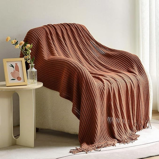 Blagic Knitted Throw Blanket for Couch,Soft Farmhouse Boho Fall Throw Blanket with Tassels,Home Decorative Lightweight Throw Blankets, Orange Rust Throws for Bed/Chair/Sofa, 50" W x 60" L