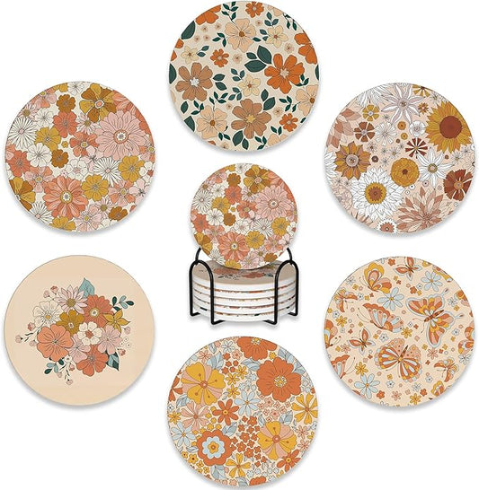 6 Pcs Coasters for Drinks with Holder,Retro 70s 60s Floral Hippie Flowers Absorbent Coaster with Cork Backing,Great Gift for Housewarming,Room Decor,Bar,Holiday Party