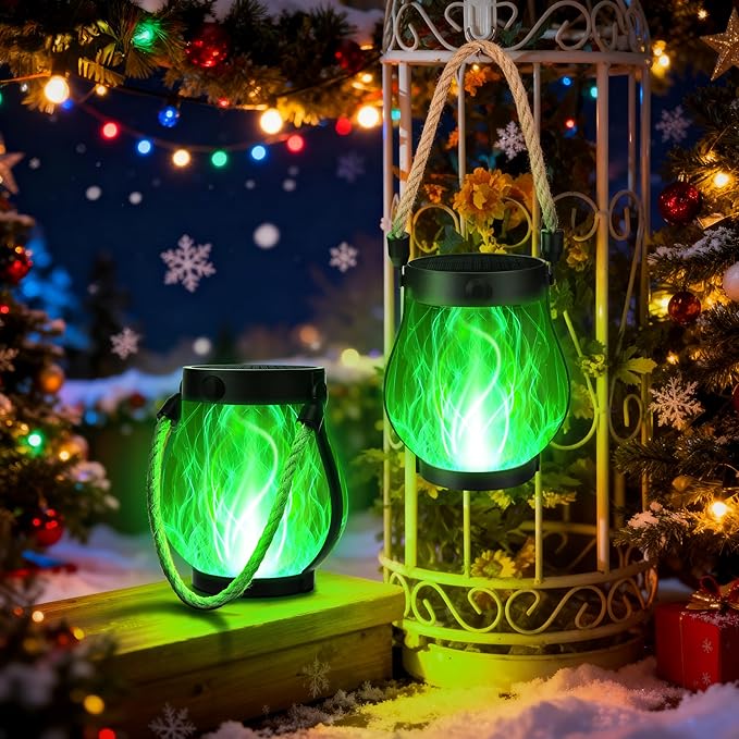 Christmas Solar Flame Lantern Hanging Outdoor Waterproof Purple - 2 Pack Flame Lanterns with Dual Charging Modes of Solar & USB for Garden or Yard Decorations (Green - 2 Pack)