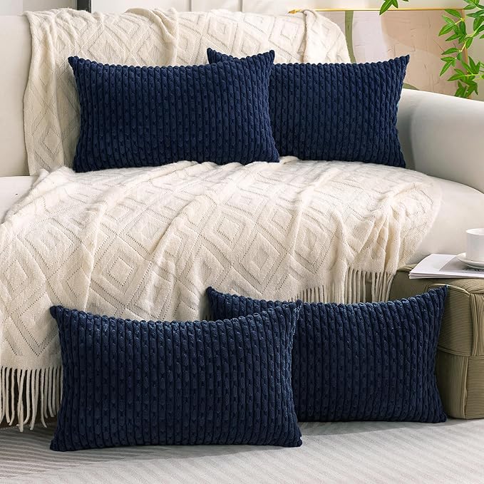 Set of 4 Navy Blue Decorative Throw Pillow Covers 12x20 Inch Corduroy Pillow Covers for Bed Couch Sofa Living Room Soft Cushion Cases