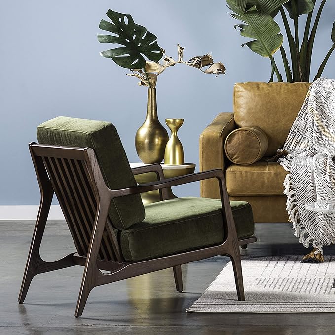 POLY & BARK Verity Fabric Accent Chair – Fabric Armchair with Walnut Wood Frame – Fashion-Forward Lounge Seating for Living Room – Upholstered in Distressed Green Velvet for Modern Style