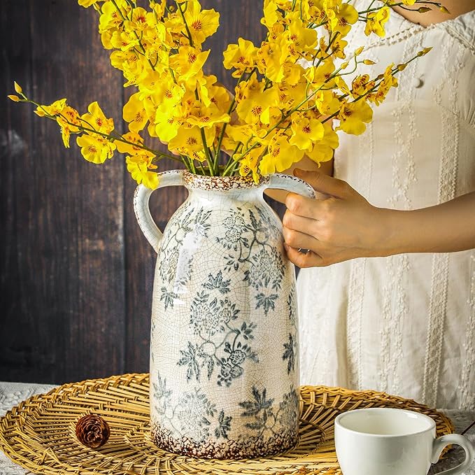 Enra Tall Vintage Blue and White Ceramic Vase with Handle, 11.2 Inch Chinoiserie Decorative Floral Vase, Large Rustic Ceramic Vase for Living Room, Office, Bookshelf, Home Decor