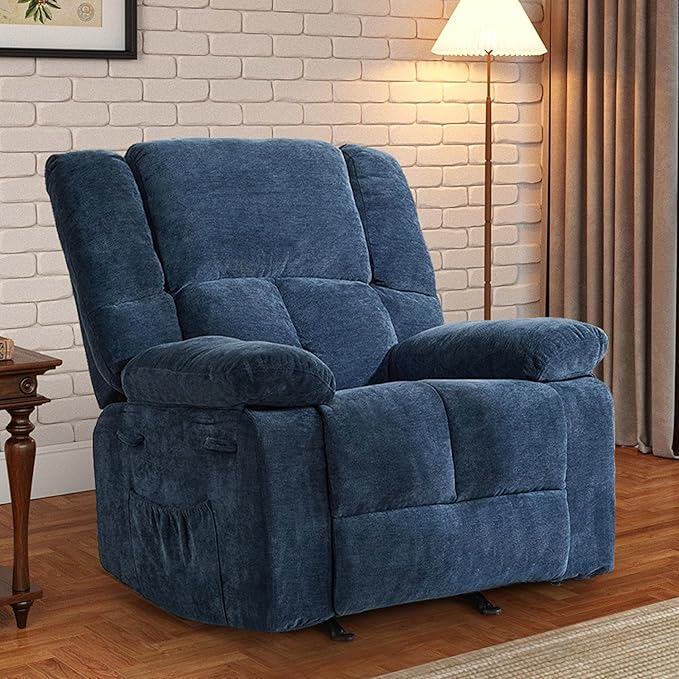 Velvet Rocker Recliner for Adults, Overstuffed Manual Recliner Chair with Spring Cushion, Rocking Chair with Side Pockets, Nursery Glider Recliner Single Sofa for Living Room (Oversize, Blue)