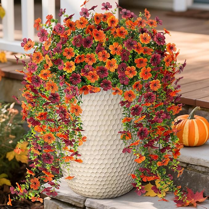 Fake Mums Artificial Hanging Flowers for Outdoor Fall Decoration, 2 PCS Silk Daisy Flower Realistic Faux Plants UV Resistant for Porch Patio Window Yard Outside Autumn Decor(Orange Brown)