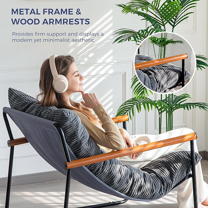 MAXYOYO Modern Accent Chair, Comfy Living Room Chair with Metal Frame Wooden Armrest, Upholstered Armchair with Soft Cushion for Bedroom Balcony Lounge Reading Room, Dark Grey