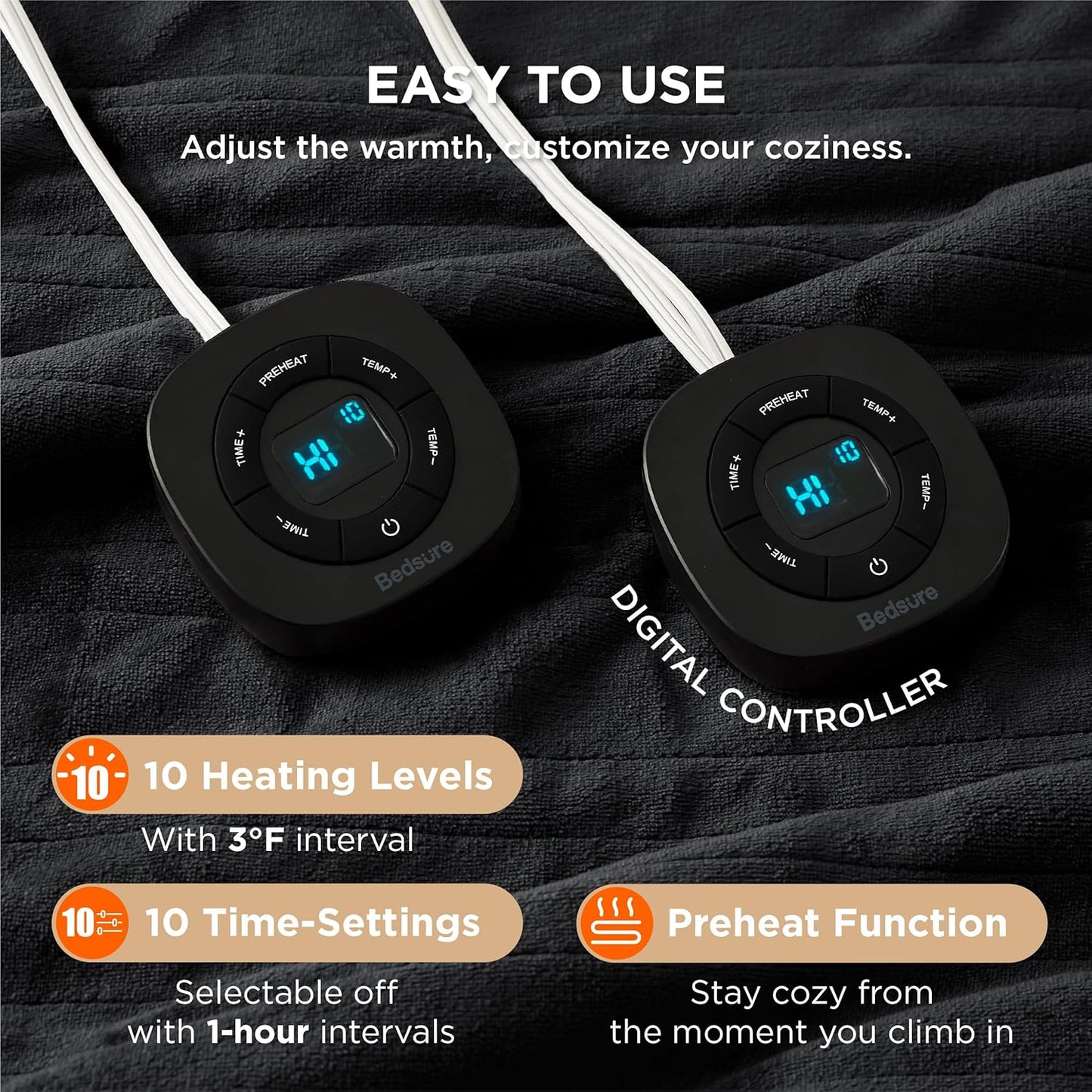 Bedsure Electric Blanket King Size - Dual Control Heated Blanket King Size, Fast Heating with 10 Time Settings & 10 Heat Settings, Warm Gift for Grandma (100x90 inches, Black)