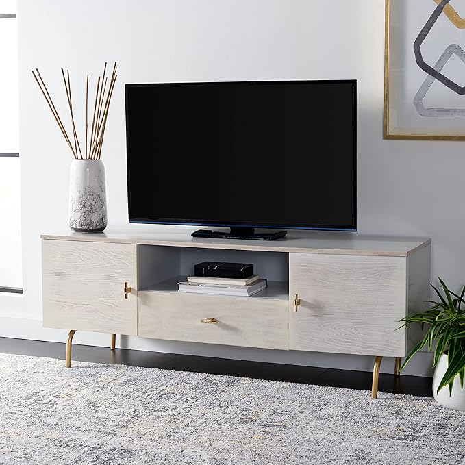 SAFAVIEH Genevieve TV Stand for up to 65" Flatscreen – Grey & White Washed Finish, Mid-Century Modern Storage Cabinet, Entertainment Media Console (MED5000E)