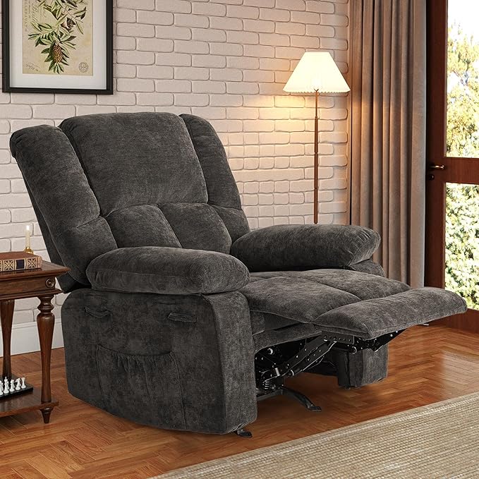 Velvet Rocker Recliner for Adults, Overstuffed Manual Recliner Chair with Spring Cushion, Rocking Chair with Side Pockets, Nursery Glider Recliner Single Sofa for Living Room (Medium, Khaki)