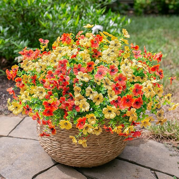 Ivydale Fall Flowers Artificial for Decoration Outdoors Fake Mums 12 Bundles Faux Planters UV Resistant Look Real for Autumn Home Porch Patio Garden Yard, Orange Yellow