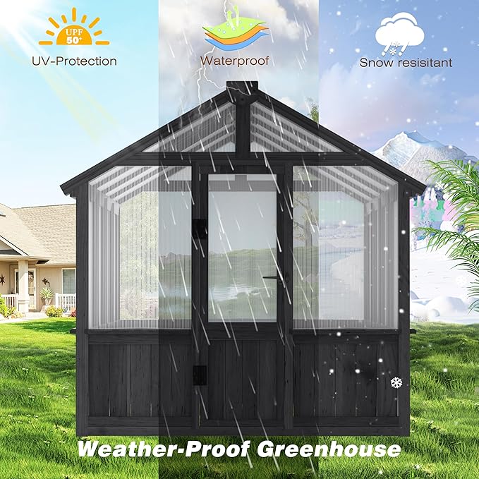 MUPATER 6 x 8 FT Walk-in Wooden Polycarbonate Greenhouse with Ventilated Window & Lockable Door, Multi-Layer PC Panels for UV Protection, Greenhouse Kit for Outdoor, Garden and Backyard, Black