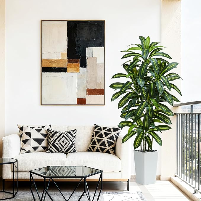 Artificial Dracaena Tree：6FT Faux Silk Tropical Yucca Floor Trees Realistic Fake Green Plant with Natural Wood Trunk & Lifelike Leaves for Home Office Decor Indoor & Outdoor (6FT,1-Pack,White)