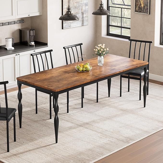Rectangular Dining Table for 6, 71 Inch Rustic Farmhouse Kitchen Table with Large Tabletop, Long Wooden Dining Room Table with Heavy Duty Legs, Dinette and Dinner Desk for Party, Big Family, Brown