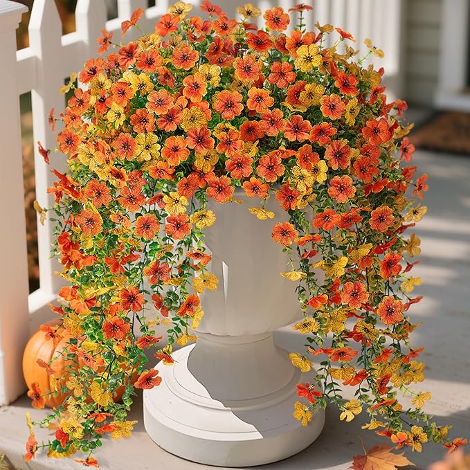 Fake Mums Artificial Hanging Flowers for Outdoor Fall Decoration, 2 PCS Silk Daisy Flower Realistic Faux Plants UV Resistant for Porch Patio Window Yard Outside Autumn Decor(Yellow Orange)