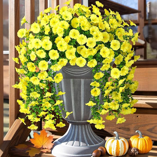 Ivydale 2 PCS Artificial Hanging Flowers Fake Plants Outdoor,Silk Morning Glory Faux Flowers with Eucalyptus Leaves,UV Resistant Realistic Hanging Petunias Plants for Home Garden Decor (Yellow)