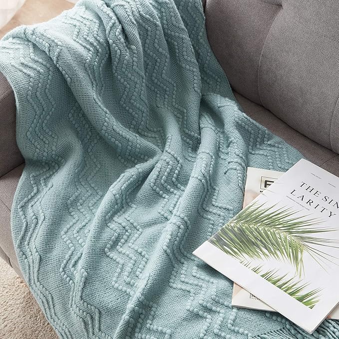 BOURINA Aqua Throw Blanket 50x60 Inches Throw Textured Solid Soft Sofa Couch Decorative Knit Blanket