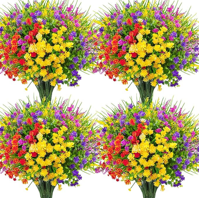 Ouddy Decor 16 Bundles Artificial Flowers for Outdoors Fake Plastic Plants Faux Shrubs Greenery Wheat Grass UV Resistant for Spring Summer Garden Patio Window Box Office Table Kitchen Home Decoration