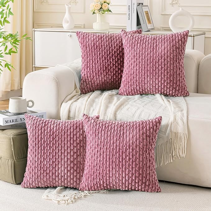 Set of 4 Pink Decorative Throw Pillow Covers 20x20 Inch Corduroy Pillow Covers for Bed Couch Sofa Living Room Soft Square Cushion Cases
