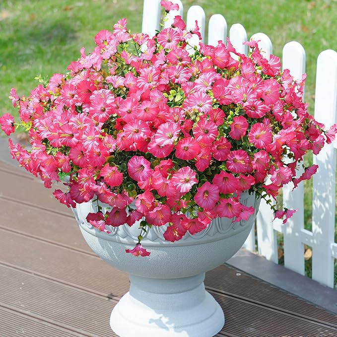 Artificial Flowers Fake Plants for Outdoors Decoration, 12 Bundles Pink Silk Morning Glory with Eucalyptus Realistic UV Resistant Faux Flowers Greenery for Outside Planter Yard Garden Home Indoor