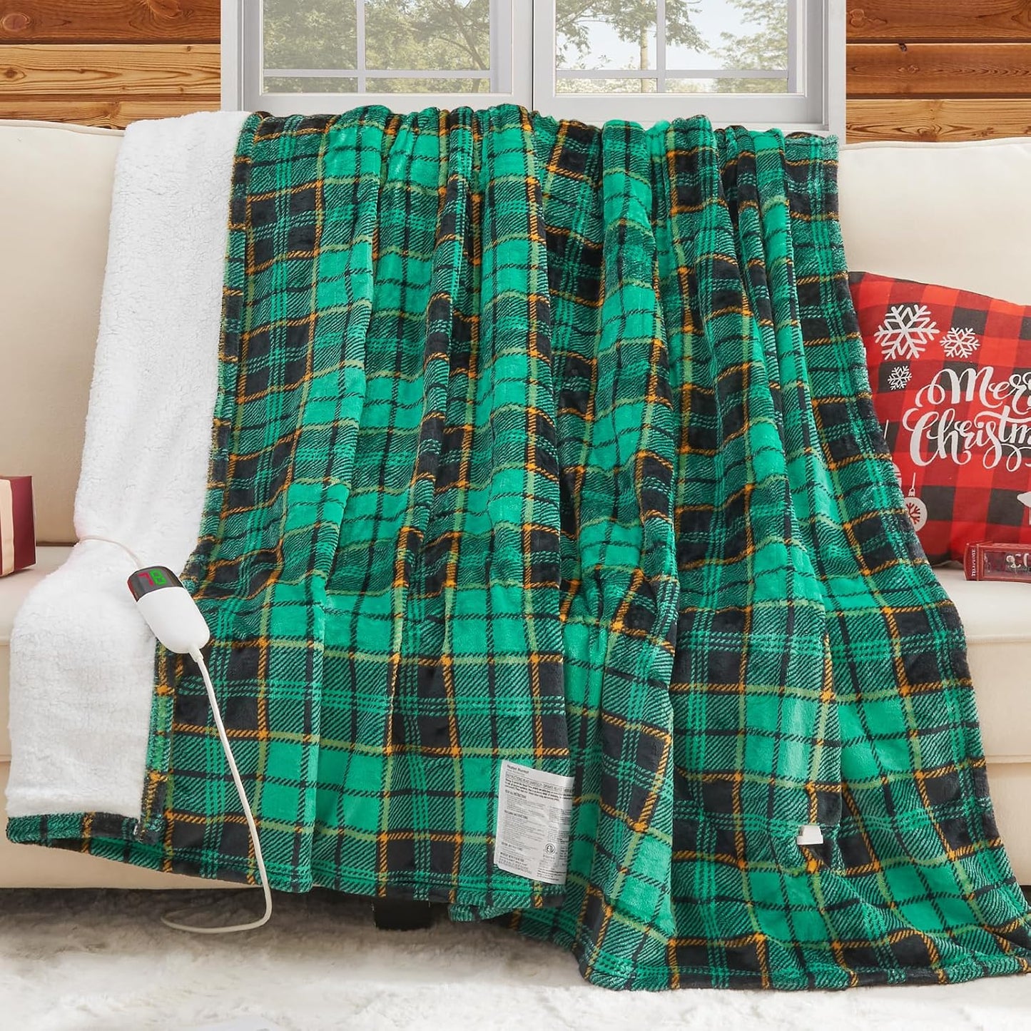 Green Heated Blanket Electric Twin Size 62X84, Christmas Heating Blanket, Plaid Sherpa Winter Blankets Warmer, 10 Heating Levels & 8-Hour Auto Off, Fast Heated House Warming Gifts New Home Decor