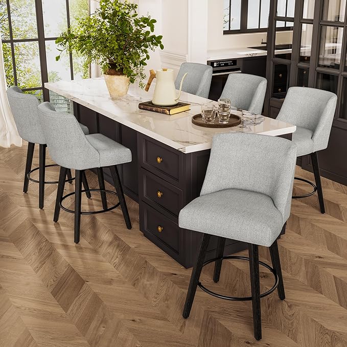 Counter Height Bar Stools Set of 6, Modern Swivel Barstools with Back and Wood Legs, Linen Fabric Upholstered Bar Chairs, 26" H Kitchen Counter Stools, Kitchen Island Home Bar, Light Grey