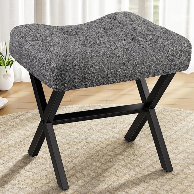 18-Inch Large Vanity Stool Chair, Vanity Bench with Metal X-Legs, Ottoman Accent Stool with Breathable and Soft Boucle Fabric Saddle Seat, Grey