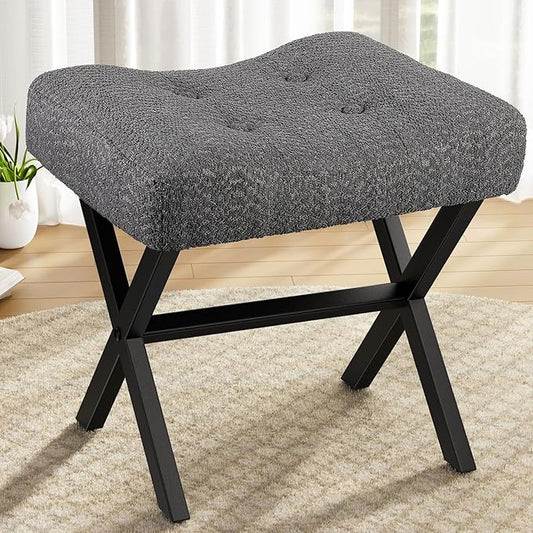 18-Inch Large Vanity Stool Chair, Vanity Bench with Metal X-Legs, Ottoman Accent Stool with Breathable and Soft Boucle Fabric Saddle Seat, Grey
