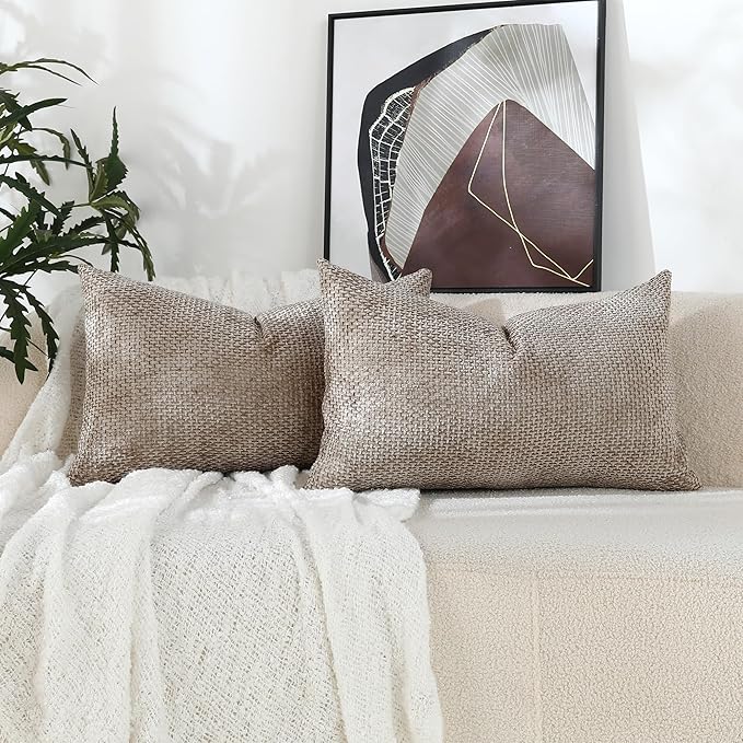 Stellhome Pack of 2 Woven Textured Decorative Throw Pillow Covers Soft Chenille Accent Luxury Cushion Cases for Living Room Couch Bed Sofa Farmhouse Boho Home, 12x20 inch, Light Brown
