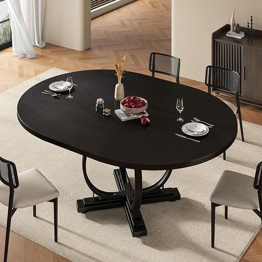 59" Round Extendable Dining Table for 4-6, Modern Oval Kitchen Table with Heavy Duty Curved Legs & Wood X-Based, MDF Board with Spring Buckle, Space Saving, Dining Kitchen Living Room, Black
