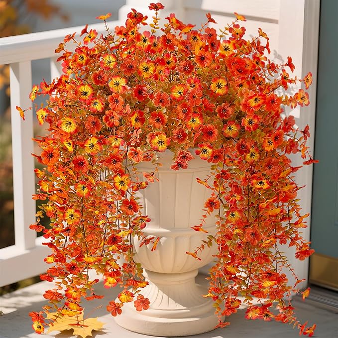 Fake Mums Artificial Fall Hanging Flowers for Outdoors Decoration 2 PCS Faux Mums for Outdoor Planters Fake Plants Look Real Daisy Flower No Fade Autumn Decor for Porch Home Patio Balcony and Yard
