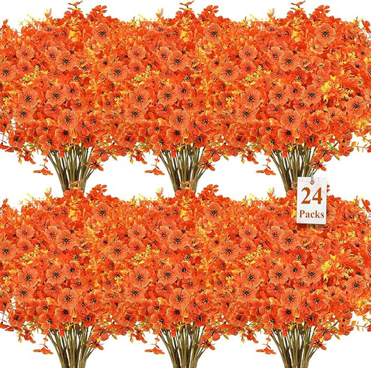 SHareconn 24 Bundles Artificial Fall Flowers for Outdoors Decoration, UV Resistant Silk Eucalyptus Lavender Faux Autumn Fake Plants for Outside Indoor Garden Yard Porch Home Decor, Sunset Red Orange