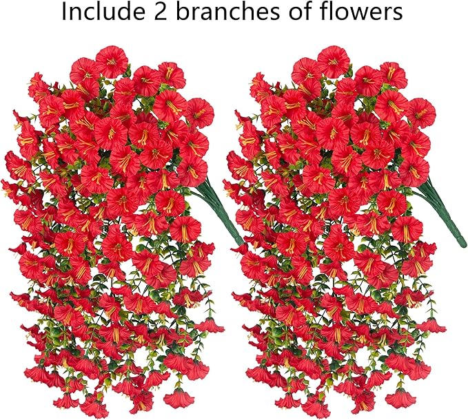 Artificial Faux Hanging Flowers Plants for Outdoor Decor,2 PCS Fake Silk Morning Glory with Eucalyptus Greenery UV Resistant Realistic Vines for Wall Home Porch Patio Balcony Yard Indoor Decor, Red