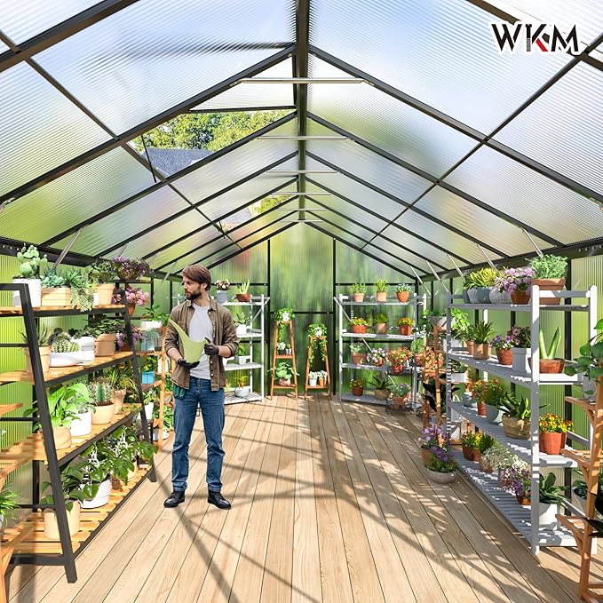 WKM 8x16 FT Greenhouse for Outdoors, Polycarbonate Greenhouse with Roof Vent and Quick Setup Structure, Aluminum Greenhouse for Garden Backyard, Black