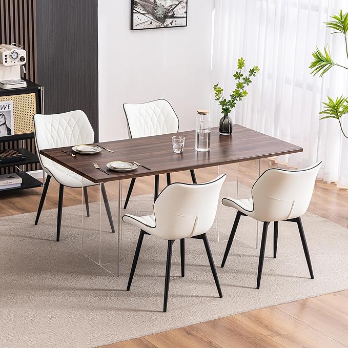 YOUNIKE Dining Chairs Set of 2, Upholstered Faux Leather Dining Room Chairs with Wide Curved Back and Adjustable Metal Legs, White