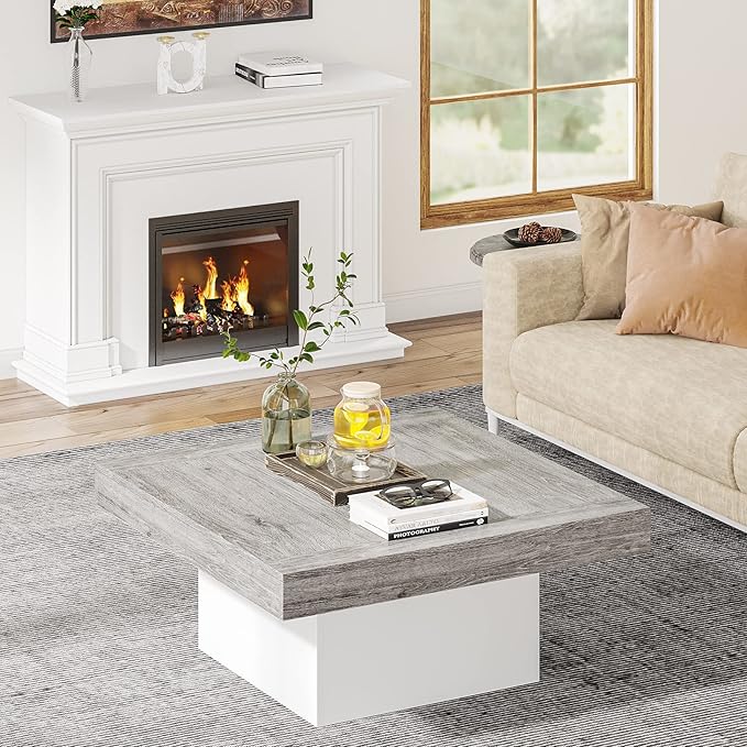 Tribesigns Coffee Table Square LED Center Table Engineered Wood Low Coffee Tables for Living Room (Grey+White)