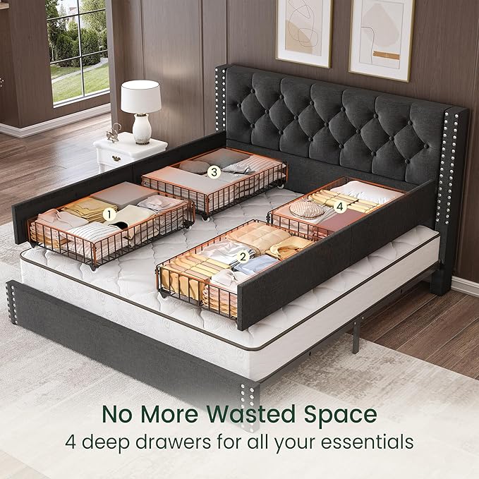 LARMACE Queen Size Bed Frame with 4 Storage Drawers and Tufted Headboard Linen Upholstered Platform Bed Frame with Heavy Duty Wood Slats, No Box Spring Needed, Easy Assembly, Grey