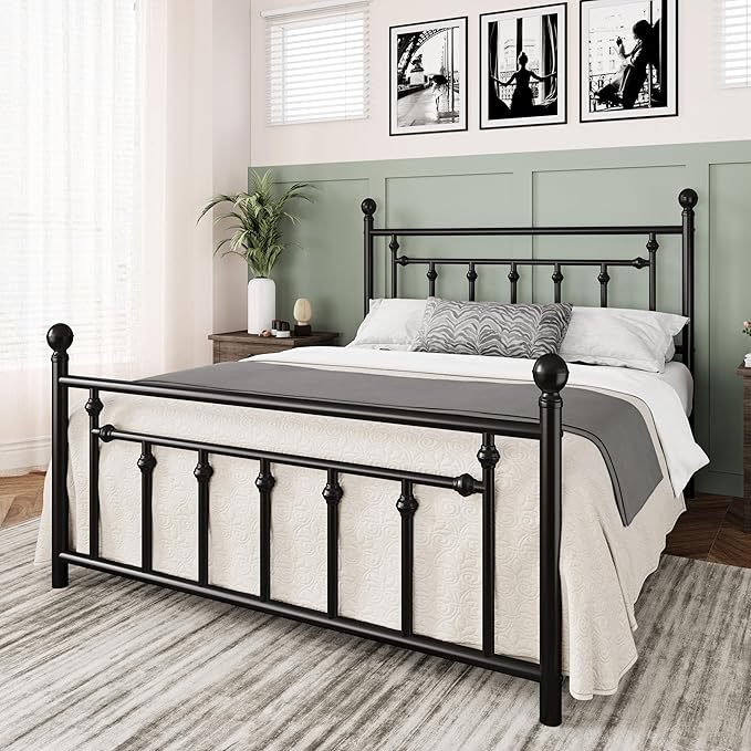 Allewie 14 Inch Queen Size Metal Platform Bed Frame with Victorian Vintage Headboard and Footboard/Mattress Foundation/Under Bed Storage/No Box Spring Needed/Easy Assembly/Noise Free/Black