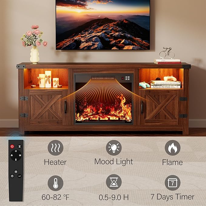 YESHOMY Fireplace TV Stand with Mood Lighting, LED TV Stand with Open Shelf, Farmhouse Media Console with Hidden Cable Routing, Entertainment Center for Televisions up to 65+ Inch, Walnut