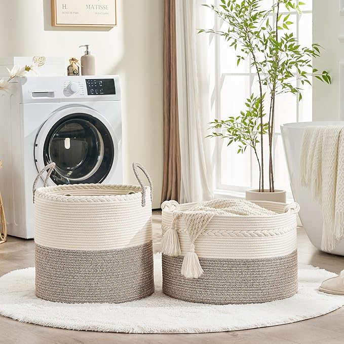 KAKAMAY Large Blanket Basket (20"x13"),Woven Baskets for storage Baby Laundry Hamper, Cotton Rope Blanket Basket for Living Room, Laundry, Nursery, Pillows, Baby Toy chest (White/Beige)