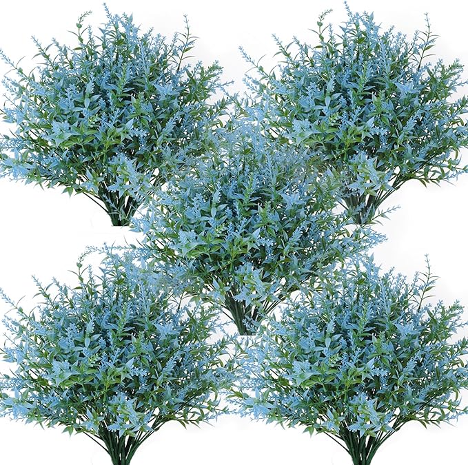 RECUTMS Spring Decoration, Artificial Greenery,Outdoor Artificial Flowers Fake Outdoor Plants, Faux Greenery for Indoor Outside Hanging Plants Garden Porch Window Box Home Farmhouse Décor(Blue)