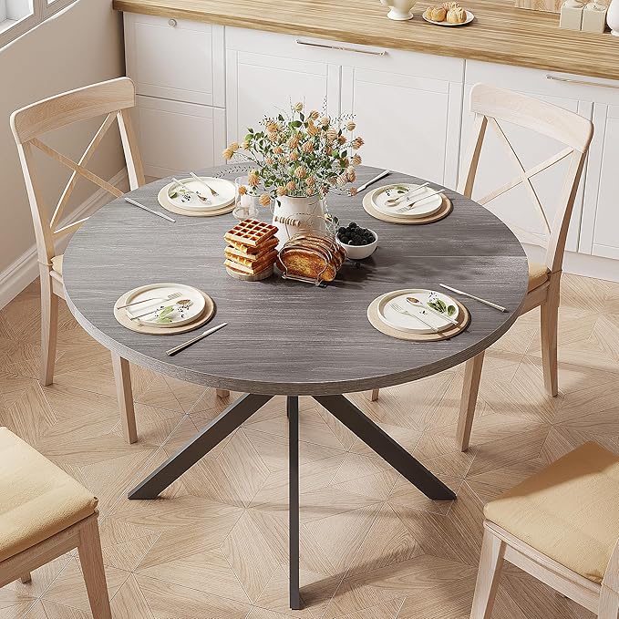 ChooChoo 47.2 Inch Round Dining Table for 4, Farmhouse Wood Kitchen Table, Circle Dinner Table for Kitchen & Dining Room, Grey